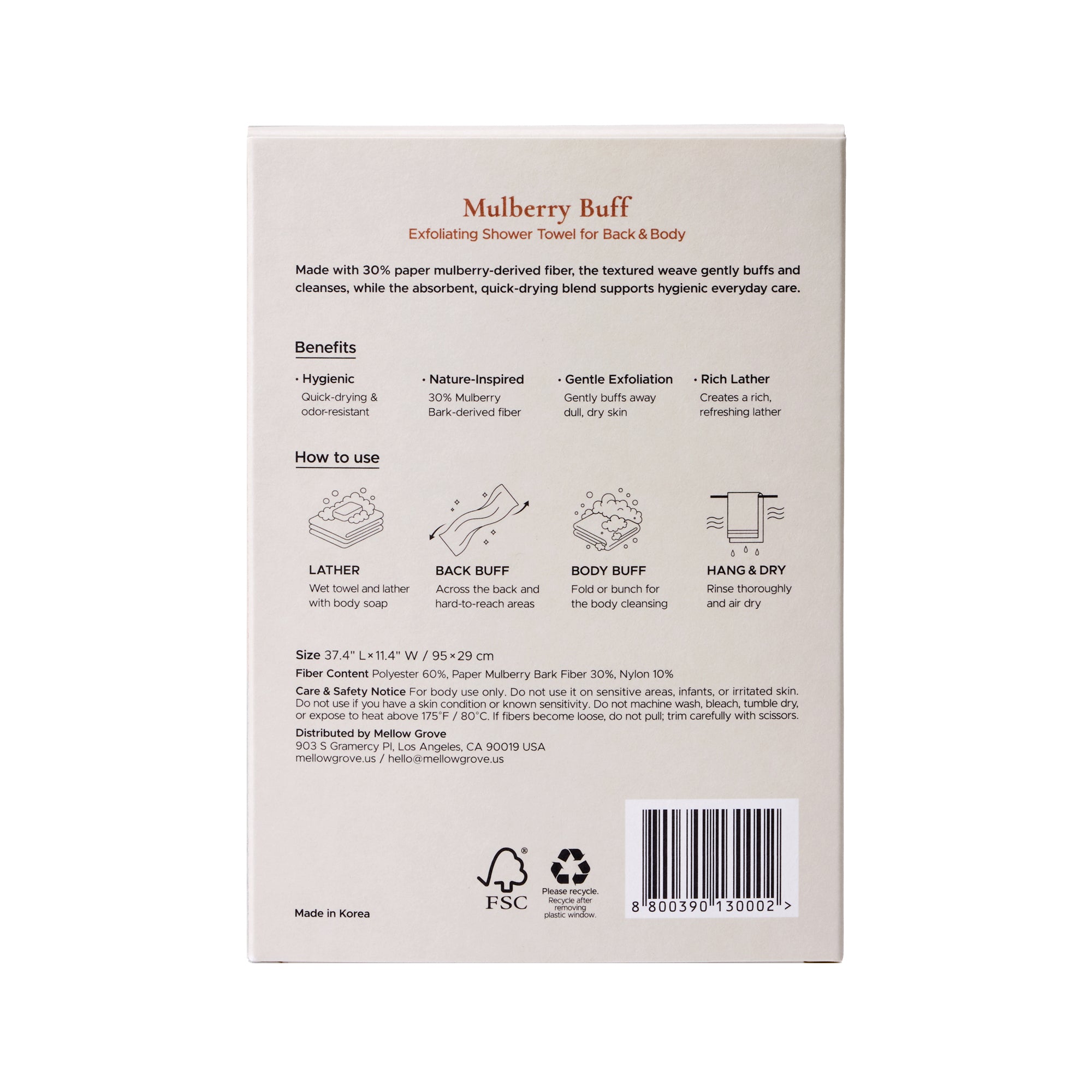 Mulberry Buff, Exfoliating Shower Towel, Made with 30% mulberry bark fiber